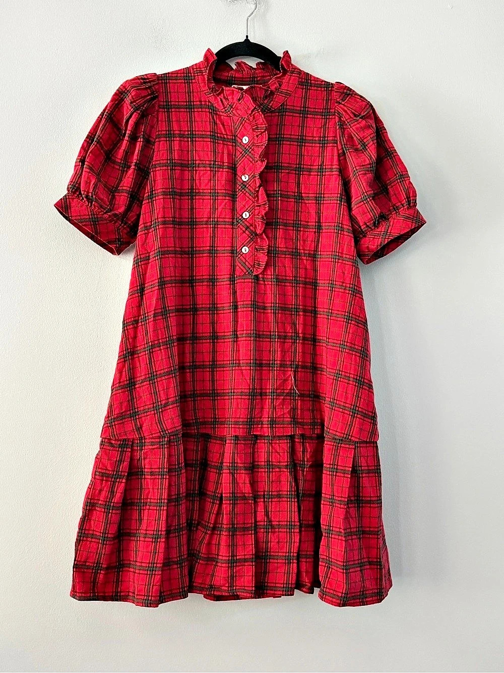 ENTRO Red Plaid Ruffle Dress
